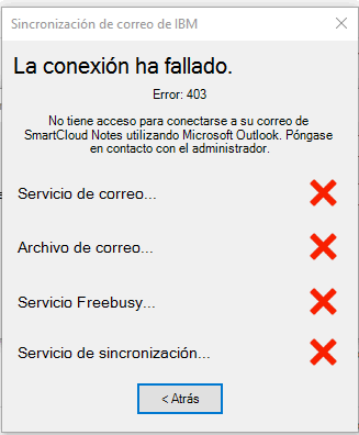 Image:Error 403 en la configuración de MS Outlook para el acceso a IBM Connections Cloud